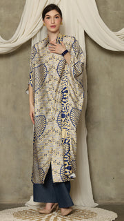 Yellow Blue Abstract Batik Button Kaftan