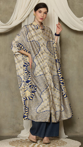 Yellow Blue Abstract Batik Button Kaftan