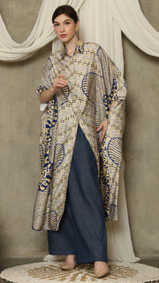 Yellow Blue Abstract Batik Button Kaftan