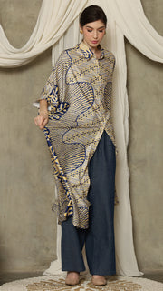 Yellow Blue Abstract Batik Button Kaftan