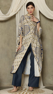 Yellow Blue Abstract Batik Button Kaftan