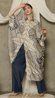 Yellow Blue Abstract Batik Button Kaftan