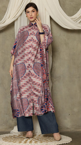 Red Blue Abstract Batik Button Kaftan