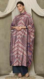 Red Blue Abstract Batik Button Kaftan