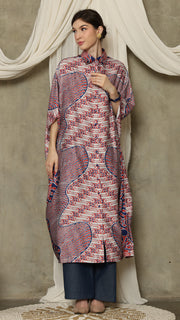 Red Blue Abstract Batik Button Kaftan