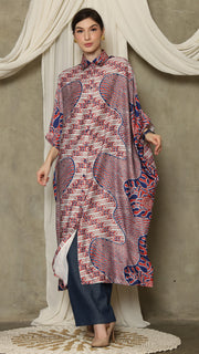 Red Blue Abstract Batik Button Kaftan