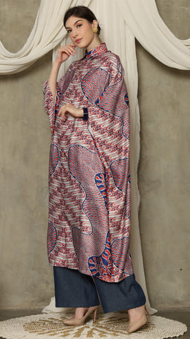 Red Blue Abstract Batik Button Kaftan