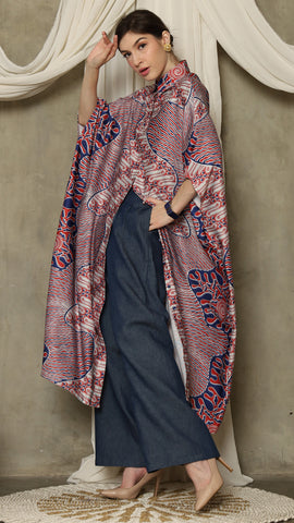 Red Blue Abstract Batik Button Kaftan