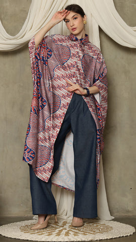 Red Blue Abstract Batik Button Kaftan