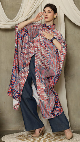 Red Blue Abstract Batik Button Kaftan