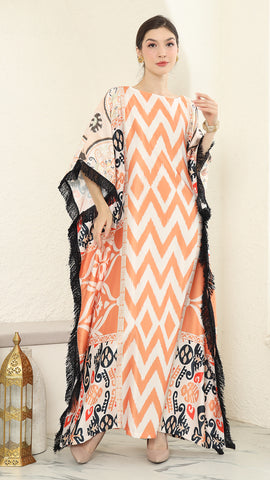 Coral Stripe Fringe Short Kaftan