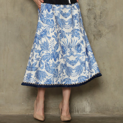 BLUE FLOWER FRINGE SKIRT