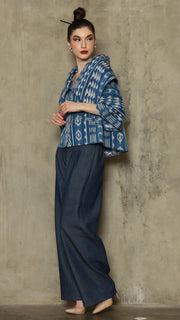 BLUE IKAT WIDE COLLAR JACKET