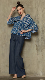 BLUE IKAT WIDE COLLAR JACKET