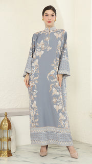 Grey Flower Long Dress Kaftan