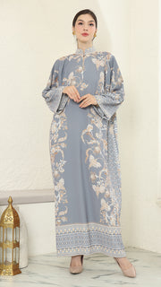 Grey Flower Long Dress Kaftan