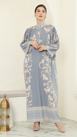 Grey Flower Long Dress Kaftan