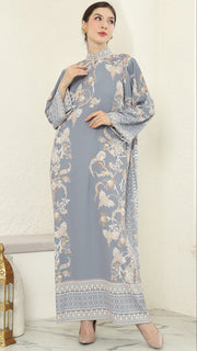 Grey Flower Long Dress Kaftan