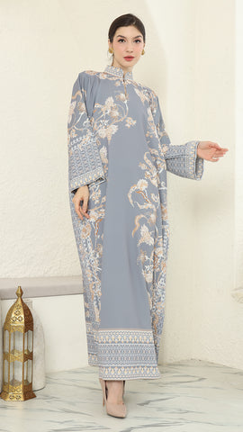 Grey Flower Long Dress Kaftan