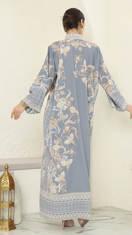 Grey Flower Long Dress Kaftan