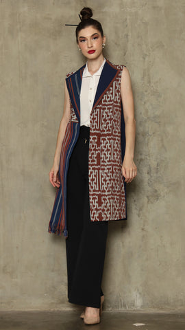 Brown Stripe Asymmetric Fringe  Ikat Vest