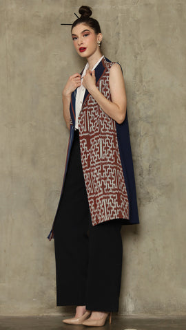 Brown Stripe Asymmetric Fringe  Ikat Vest