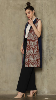 Brown Stripe Asymmetric Fringe  Ikat Vest