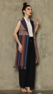 Brown Stripe Asymmetric Fringe  Ikat Vest