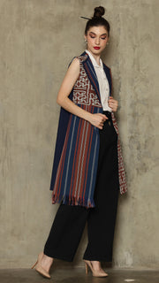 Brown Stripe Asymmetric Fringe  Ikat Vest