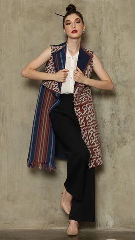 Brown Stripe Asymmetric Fringe  Ikat Vest