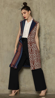 Brown Stripe Asymmetric Fringe  Ikat Vest