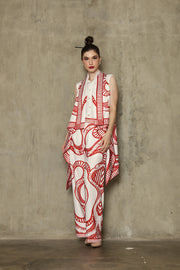 Red White Abstract Batik Vest Set