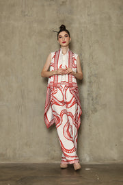 Red White Abstract Batik Vest Set