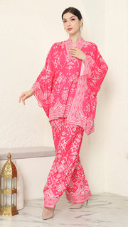 Pink V-neck Songket Pants Set