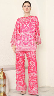 Pink R-neck Songket Pants Set