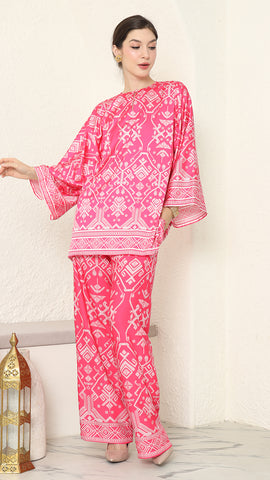 Pink R-neck Songket Pants Set