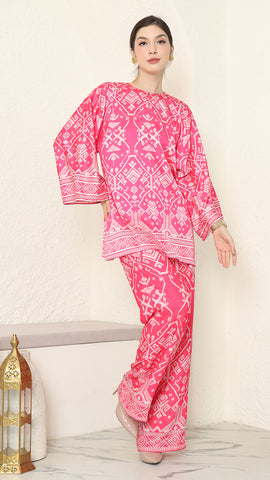 Pink R-neck Songket Pants Set