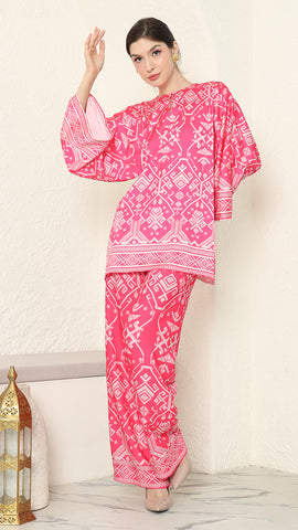 Pink R-neck Songket Pants Set