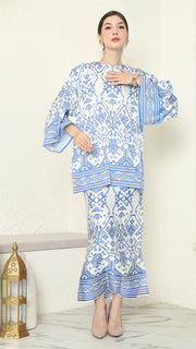 White Blue R-neck Songket Sarong Set