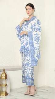 White Blue Vneck Songket Sarong Set