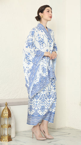 White Blue Vneck Songket Sarong Set