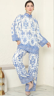 White Blue Songket Pants Set