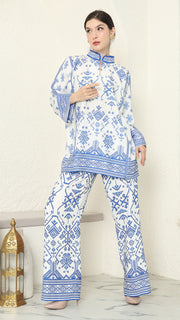 White Blue Songket Pants Set