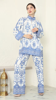 White Blue Songket Pants Set