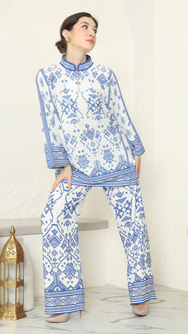 White Blue Songket Pants Set