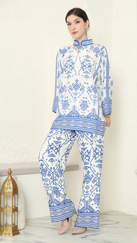 White Blue Songket Pants Set