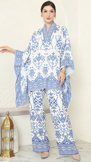 White Blue V-neck Songket Pants Set