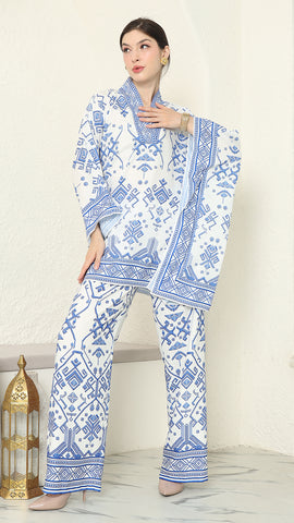 White Blue V-neck Songket Pants Set