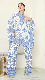 White Blue V-neck Songket Pants Set