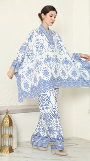 White Blue V-neck Songket Pants Set